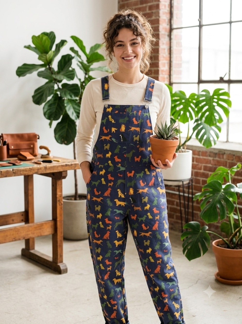 Unisex Swoveralls “Dog Days” Navy Dog-Print Overalls - Size Large